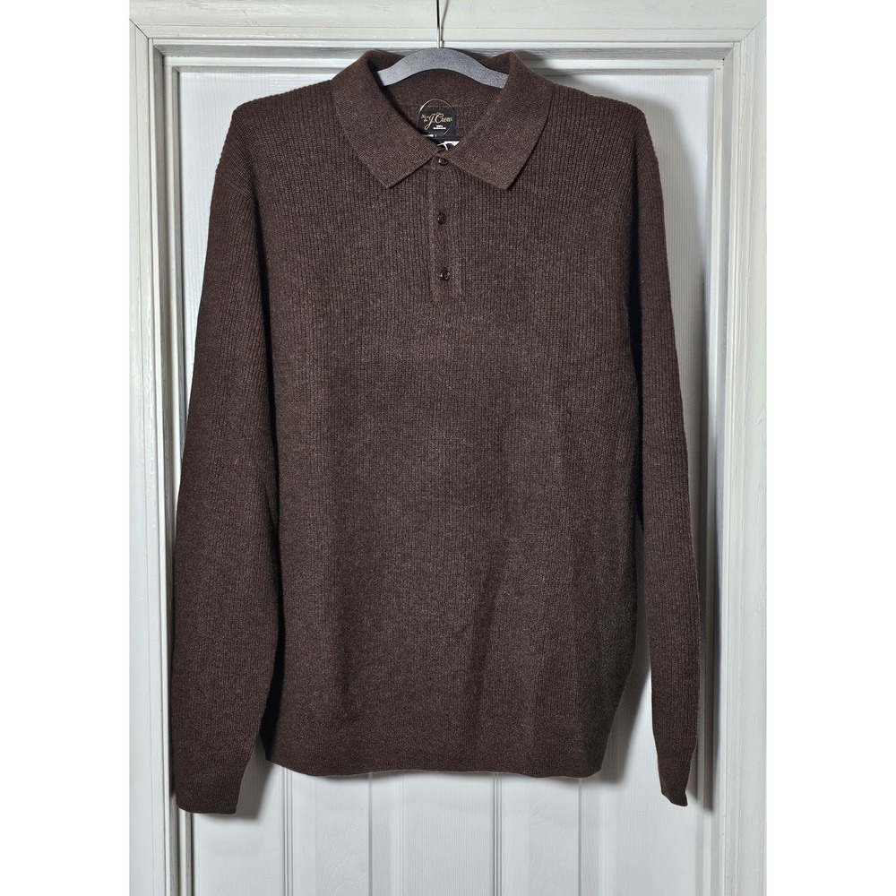 J Crew 100% Cashmere Sweater Polo Mens Large Brown Collared Long Sleeve Preppy